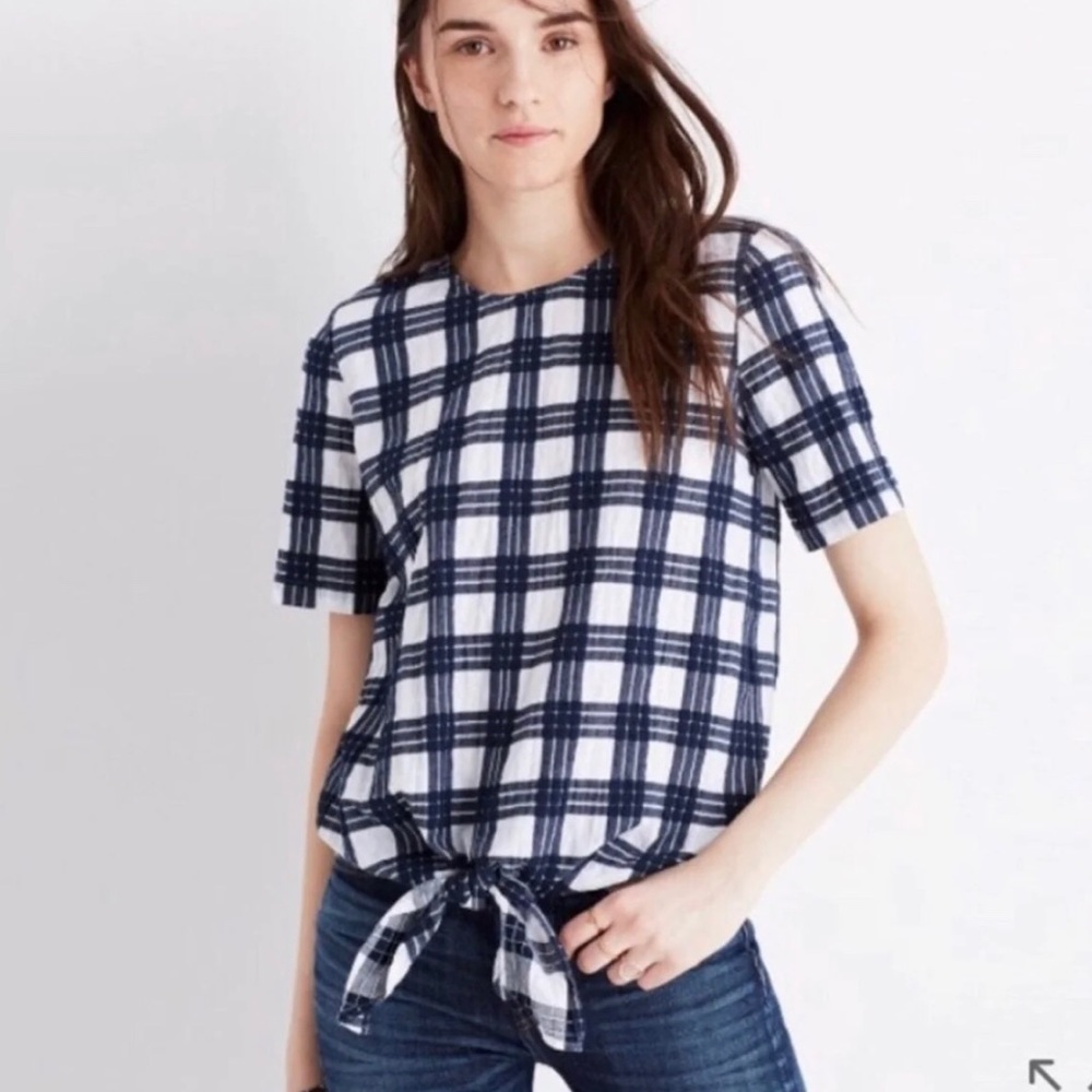 Madewell short sleeve front tie top in plaid